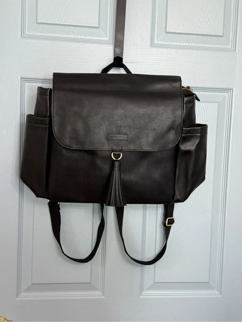 Skip Hop Black Vegan Leather Greenwich Convertible Backpack Stroller Messenger